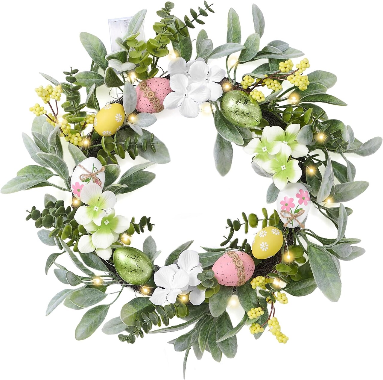 18-Inch Lighted Easter Wreath – Pre-Lit Spring Door Decor with Pastel Eggs, Daisy Flowers & Silk Lamb’s Ear Leaves, Farmhouse Indoor & Outdoor Wall Wreath